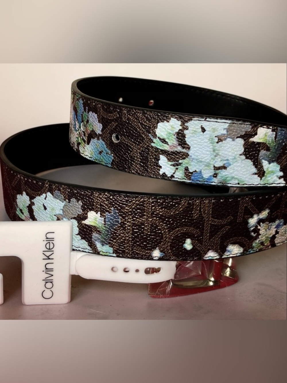 Calvin Klein Reversible Floral Belt Women Black Skinny Waist NWT